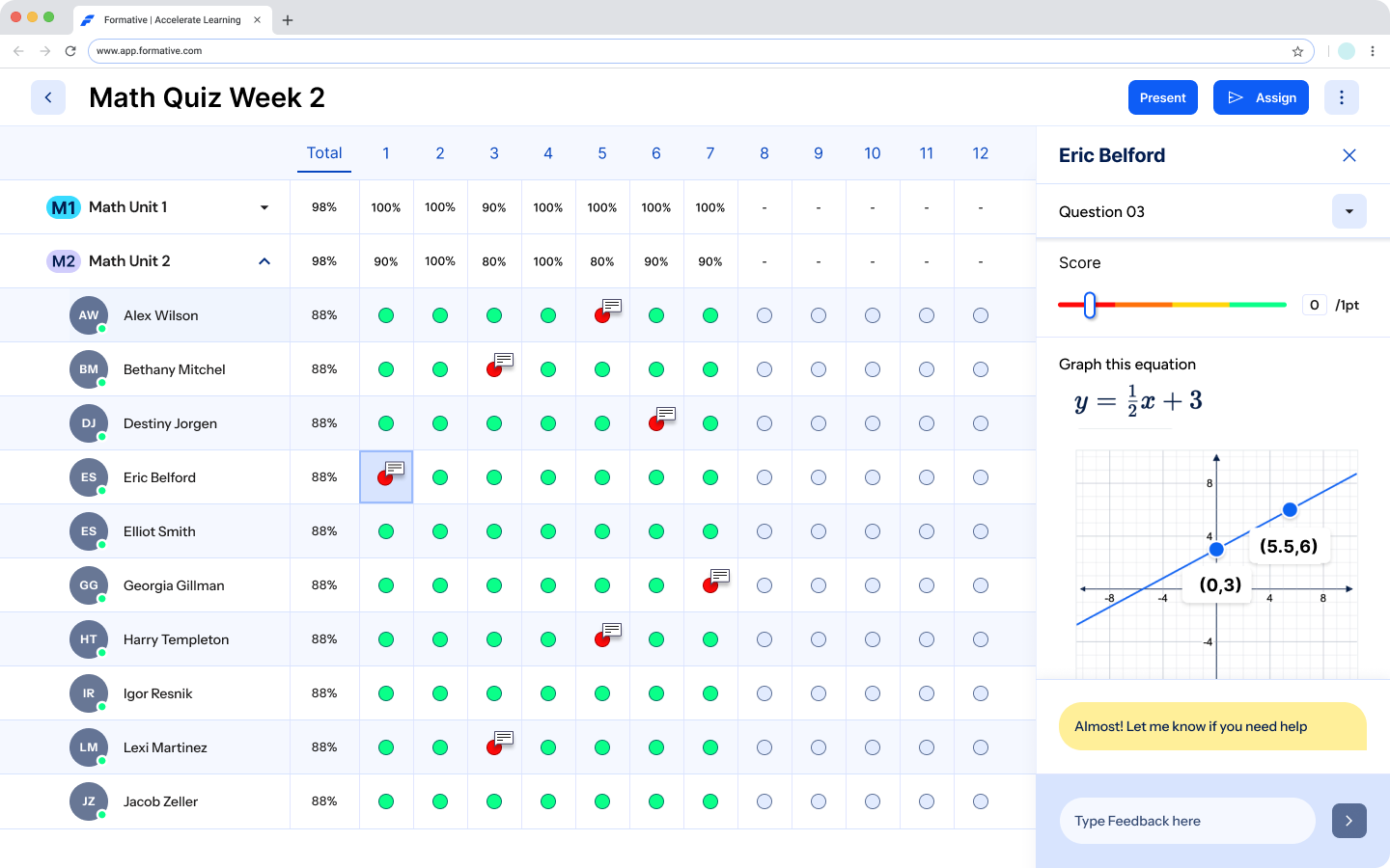 Formative educator dashboard showing assignments, performance charts, and recent activity.