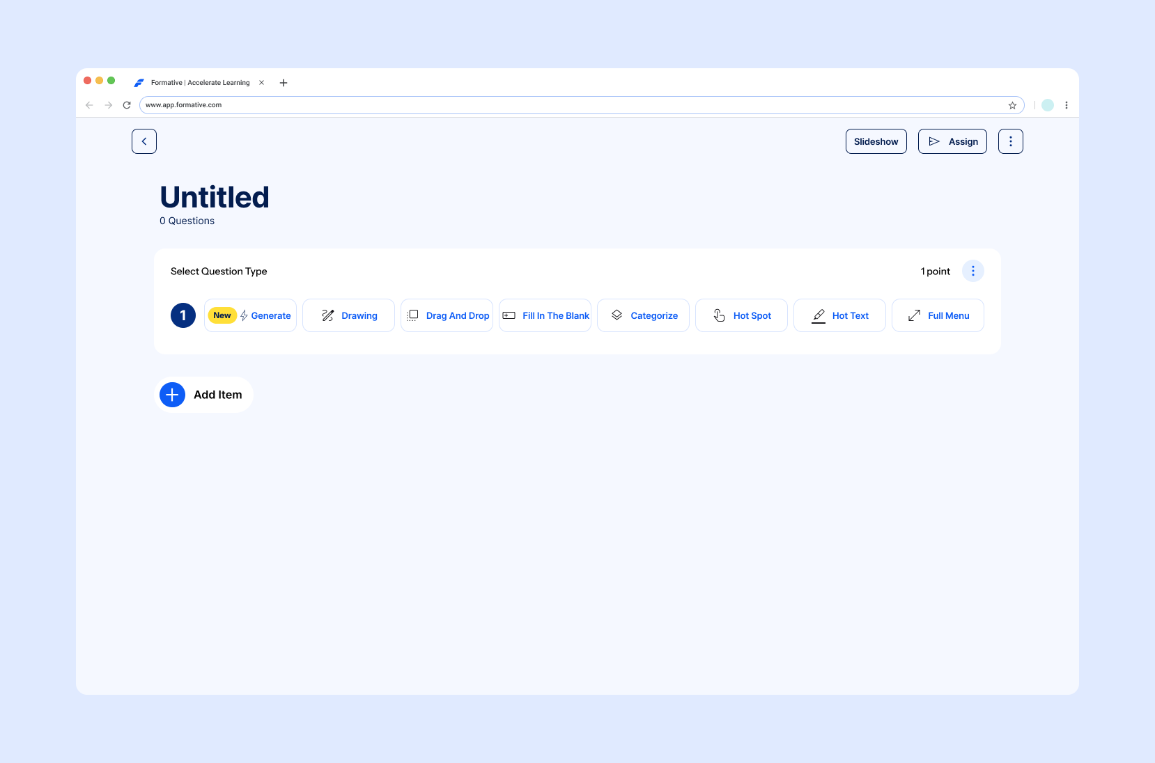 Redesigned empty assessment state providing contextual access to question types and AI generation.